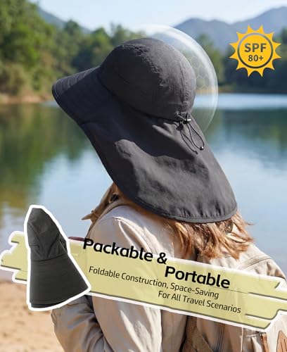 UPF 80+ Sun Hat for Men Women Wide Brim Sun Hat with Neck Flap Summer Beach UV Protection Gardening Fishing Hat (Black)