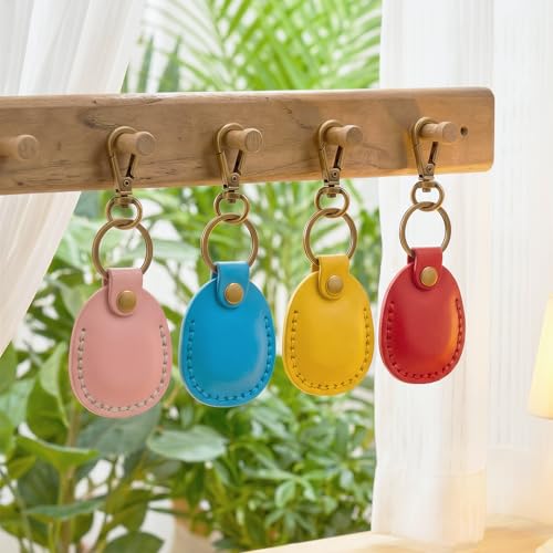 4 Pack Genuine Leather Airtag Holder Compatible with Apple AirTag Keychain 2nd & 1st Gen (Pink/Light Blue/Yellow/True Red)