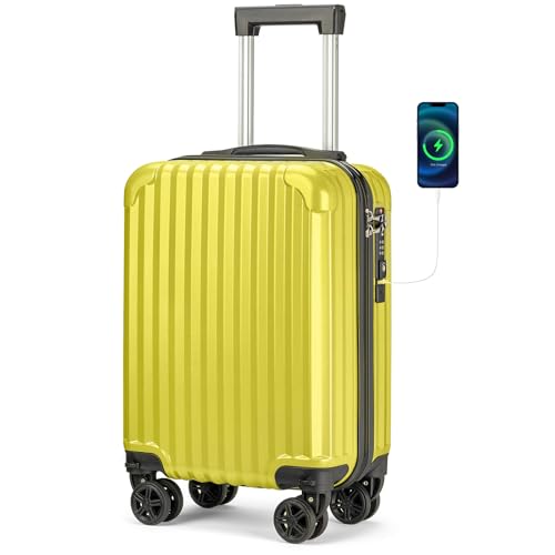 Personal Item Suitcase 18x14x8 Inches Hardside Built In TSA Lock & USB Port Lightweight Luggage With Removable Silent Wheels Underseat Carry (Yellow)