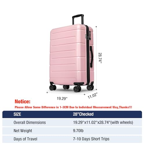 28 Inch Luggage with Wheels Hardshell Large Suitcase Lightweight Big Checked Luggage with TSA Lock Travel Rolling Suitcase for Women Men Pink (Light Pink / Checked-Large 28-Inch)