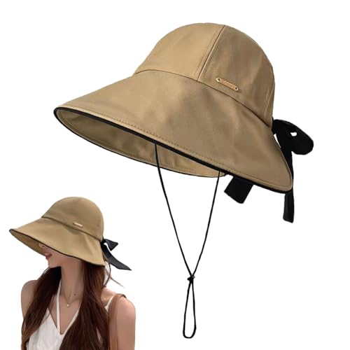 Wide Brim Hats for Woman Foldable Hats Sun Hats for Women uv Protection Bowknot Bucket hat Adjustable hat with Ponytail Hole Khaki (Khaki)