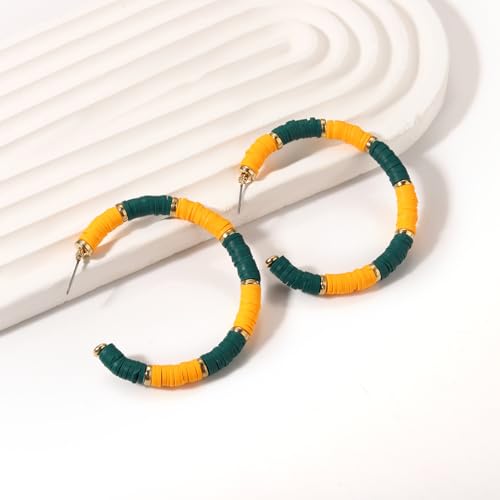 Game Day Earrings Football Baseball Earrings for Women Sports Team Heishi Hoop Earring Football Accessories Outfits Cheer Mom Essentials Fall Sports Must Haves Cheer Gifts (Green Yellow)