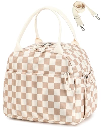 Lunch Bag for Women Cute Corduroy Lunch Tote Bags with Shoulder Strap Reusable Insulated Lunch Box Large Capacity Reusable Insulated Cooler for Work Picnic or Travel (A Corduroy checkered brown / 13L)