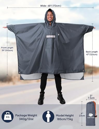 Hooded Rain Poncho for Adult Waterproof Lightweight Raincoat (Dark Grey)