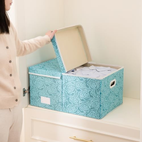Jumbo Collapsible Storage Cubes with Lids Fabric Decorative Storage Bins Boxes Organizer Baskets with Cover Handles for Bedroom Closet Living Room 23.2x15.7x11.8 Inch 3 Pack (Blue / XX Large(3-Pack))