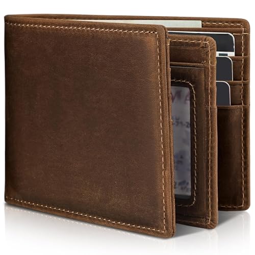 Mens Wallet Genuine Leather Bifold RFID Blocking Wallet for Men with 1 ID Window 13 Card Holders 2 cash pockets 1 Gift Box (Coffee Brown)