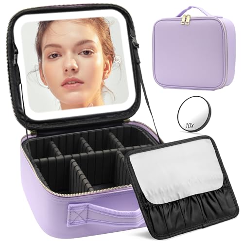 Travel Makeup Bag with Lighted Mirror (Purple / Integrated)