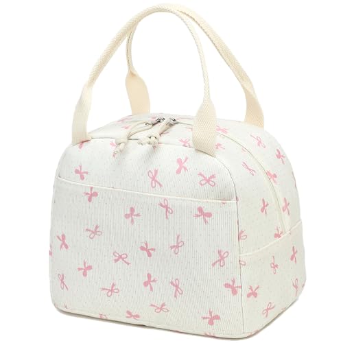Lunch Bag for Women Men Cute Corduroy Lunch Tote Bags Reusable Insulated Lunch Box Large Capacity Reusable Insulated Cooler for Work Picnic or Travel (Bowtie-Pink / 10L)