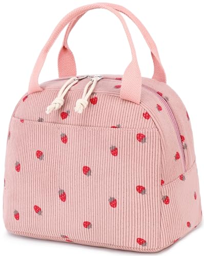 Lunch Bag for Women Men Cute Corduroy Lunch Tote Bags Reusable Insulated Lunch Box Large Capacity Reusable Insulated Cooler for Work Picnic or Travel (Corduroy strawberry pink / 10L)