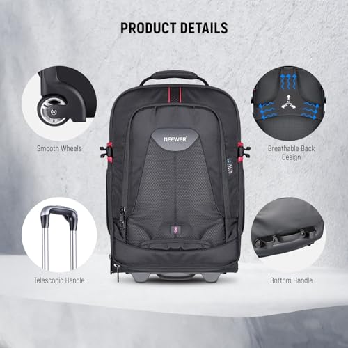 2-in-1 Rolling Camera Backpack Trolley Case - Anti-shock Detachable Padded Compartment, Hidden Pull Bar, Durable, Waterproof for Camera,Tripod,Flash Light,Lens,Laptop for Air Travelling(Black) (Nw-da410t)
