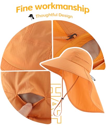 UPF 80+ Sun Hat for Men Women Wide Brim Sun Hat with Neck Flap Summer Beach UV Protection Gardening Fishing Hat (Muskmelon Orange)