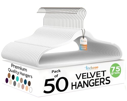 Premium Velvet Hangers 50 Pack Ultra Thin Non Slip Adult Felt Space Saving Slim Suit Hanger for Closet Heavy Duty Coat Pants Jackets Dress Hangers 360° Swivel Hook Hold Upto 10 lbs White (White / 50 Pack)
