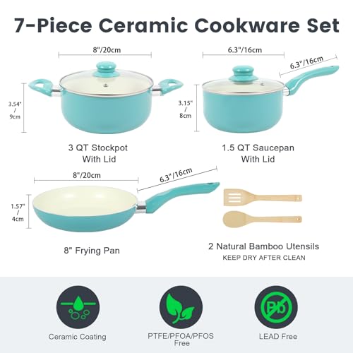 Pots and Pans Set 7 piece (Turquoise / 8" Skillet + 1.5QT Saucepan + 3QT Stockpot)