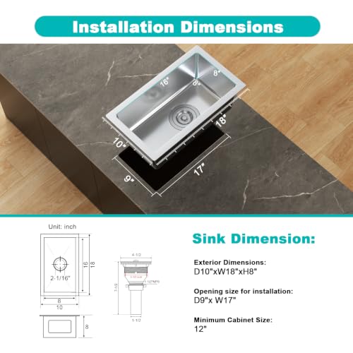 10" Undermount Bar Sink (Brushed / D10"xW18"xH8")