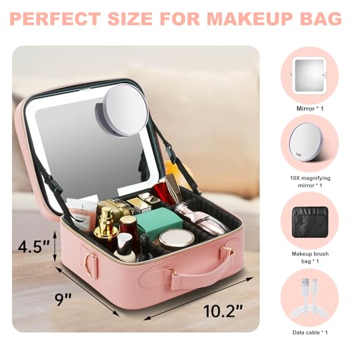 Travel Makeup Bag with Mirror Makeup Case with 8 Makeup Brushes (Pink With Brushes)
