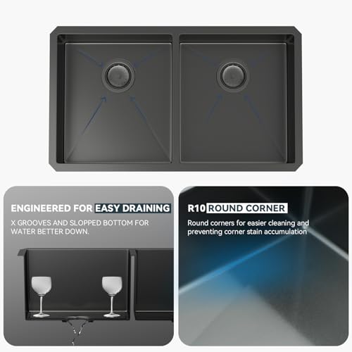 Double Bowl Black Kitchen Sink 16 Gauge Stainless Steel Undermount Kitchen Sinks Matte Gunmetal Black 50 (Gunmetal Black / 33''x19''-50/50)