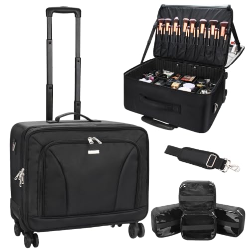Extra Large Makeup Case Rolling Travel Train Case with 360° Spinner Wheels (Black with 4 Clear Bags / Extra Large)