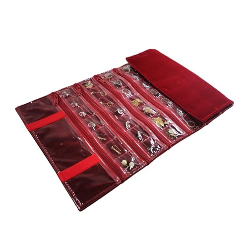 Travel Jewelry Roll Bag Portable Organizer Pouch With Grids&PVC Cover Storage Bags for Necklace (Burgundy Velvet 56 Grids)