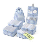 Compression Packing Cubes for Women (1. Blue Gingham / Deluxe Set (4 Cubes + Toiletry & Laundry Bags))