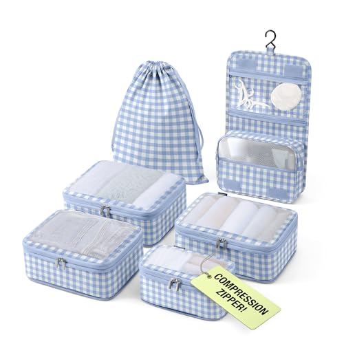 Compression Packing Cubes for Women (1. Blue Gingham / Deluxe Set (4 Cubes + Toiletry & Laundry Bags))