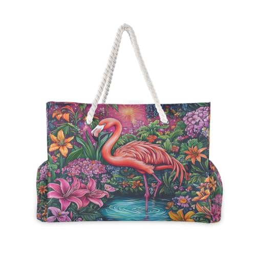 Large Beach Bags Totes Canvas Tote Shoulder Bag Soft Wave Water Resistant Bags for Gym Travel Daily Ocean (Flamingo Flowers)