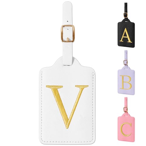 Personalized Initial Luggage Tags for Suitcase TSA Approved (White Leather,glod Letter / V)