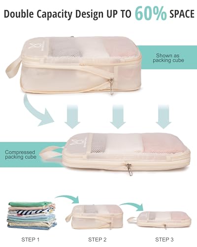 6 Set Space Saving Compression Packing Cubes Lightweight Packing Cube Begie (Beige / 6 Pcs(XL,L,M*2,S,laundry bag))