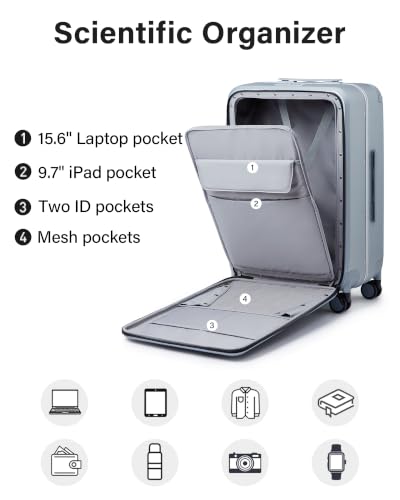Wide Handle Luggage with Front Pocket Hardshell Aluminium Check In Suitcase with Wheels Medium 24 Inch Front Opening Checked Luggage with Spinner Wheels TSA Lock Airline Approved Luggage (Checked Medium 24 Inch / Grey)