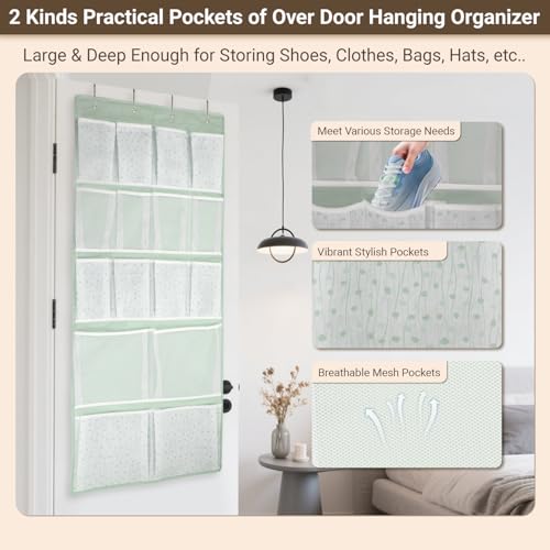 16 Pockets Over Door Hanging Storage Organizer with 4 Kinds Pouch (Medium-Green: Pack of 1)
