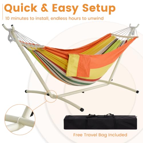 LazyDaze Hammocks Double Hammock with Stand (White Frame- Orange Green)