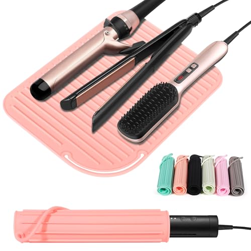 Heat Resistant Mat Large Silicone Hot Hair Tools Holder for Curling Irons Flat Iron Hair Straightener Mat Portable Vanity Pad (1 PACK / Coupled Pink)