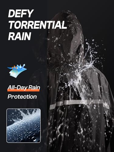 Mens Long Hooded Safety Rain Jacket Waterproof Emergency Raincoat Poncho (X-Large / Black)