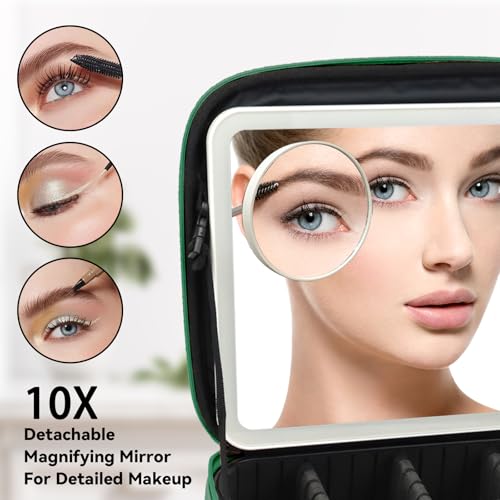 Travel Makeup Bag with LED Mirror and 10x magnifying glass with 3 Lighted Settings (Dark Green / With LED Mirror and 10x Magnifying Glass)