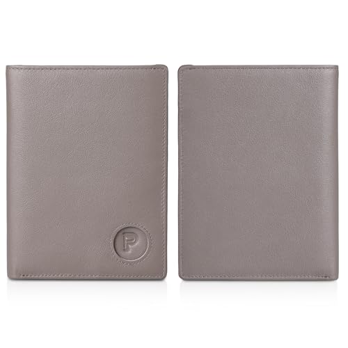 Polare Leather AirTag Passport Holder RFID Blocking Travel Bifold Wallet (Grey with AirTag Slot)
