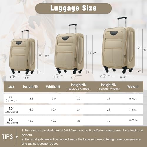 Softside Luggage Set Softshell Lightweight 3 Piece Spinner Suitcase (Softside Luggage(22/26/30) / Khaki)