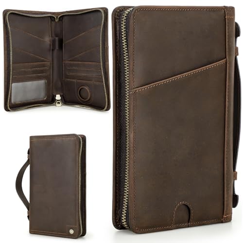 Top Grain Leather Travel Passport Wallet Holder Case for Man & Woman (For 4 Passports-Zipper Style / AirTag Slot-Matte Coffee)