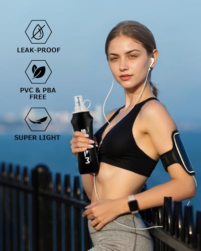 Folding Soft Flask Portable Collapsible Running Lightweight Water Bottle for Outdoor Sports (500ml/16.9oz-2 Pack-Black)