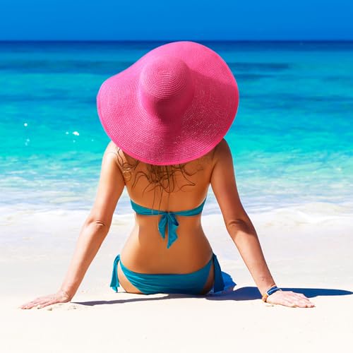 Sun Hats for Women Wide Brim Summer Hat Large Floppy Sun Straw Hat Foldable Packable Beach Hats UPF 50+ (Medium Size: Rose Red / Brim 5.5" (Head Circumference 22-22.8"))