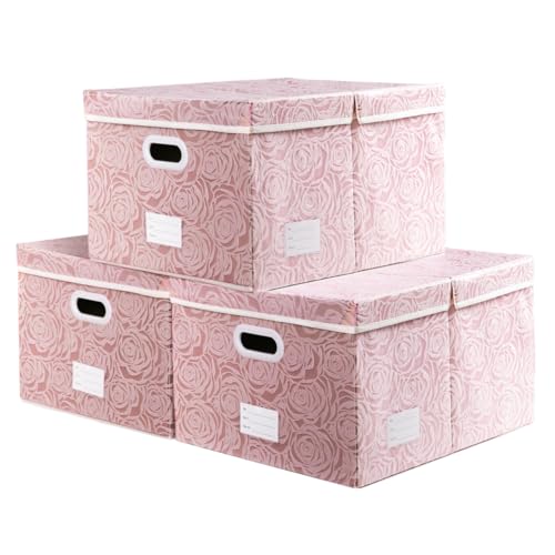 Jumbo Collapsible Storage Boxes with Lids Fabric Decorative Storage Bins Cubes Organizer Baskets with Cover Handles Divider for Bedroom Closet Living Room 23.2x15.7x11.8 Inch 3 Pack (Pink / XX Large(3-Pack))