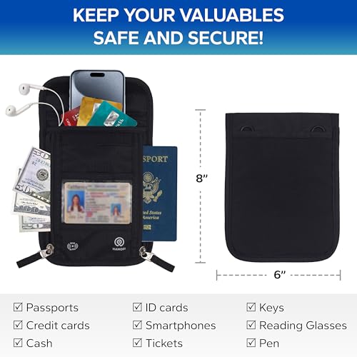 Neck Wallet Travel Pouch and RFID Blocking Passport Holder for Women and Men (Black V2)
