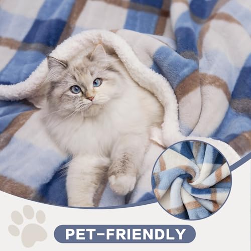 Super Soft Faux Rabbit Fur Sherpa Fleece Throw Blanket (Blue-plaid / 80"*90")