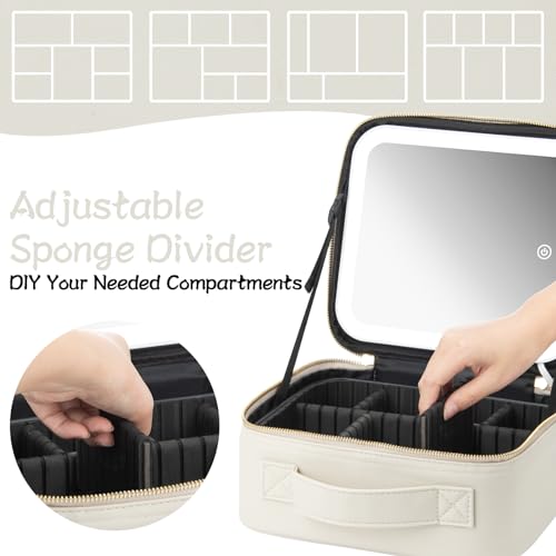 Makeup Travel Train Case with Mirror LED Light 3 Adjustable Brightness Large Cosmetic Bag Portable Storage Adjustable Partition Waterproof Make up Brushes Makeup Jewelry Gift for Women (Light Gray)