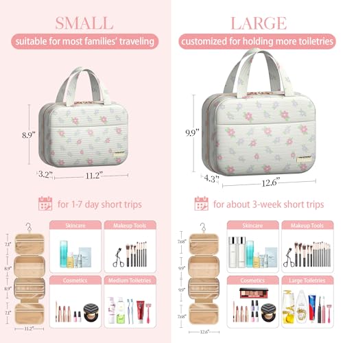 Hanging Travel Toiletry Bag Women Men Essentials Beige Color Floral (Beige with Colorful Floral / Medium)