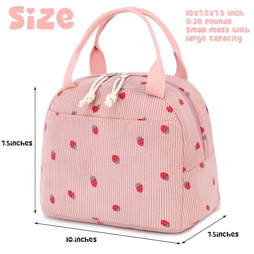 Lunch Bag for Women Men Cute Corduroy Lunch Tote Bags Reusable Insulated Lunch Box Large Capacity Reusable Insulated Cooler for Work Picnic or Travel (Corduroy strawberry pink / 10L)