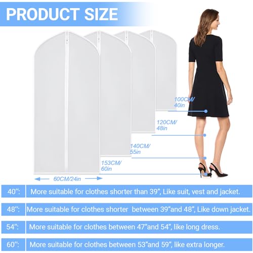 Suit Bags for Closet Storage Garment Bag 24"x 40"Clear Garment Bags for Hanging Clothes Plastic Waterproof Suit Cover Bag with Zipper for Coats (White / 24''X60'')