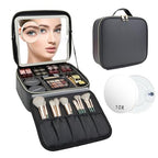 Travel Makeup Bag with LED Mirror and 10x magnifying glass with 3 Lighted Settings (Black / With LED Mirror and 10x Magnifying Glass)