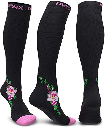 Physix Gear Compression Socks (Black/Pink Flower / Large-X-Large)