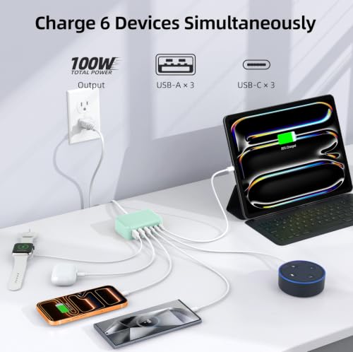 100W 6 in 1 USB Charger (Light Green)