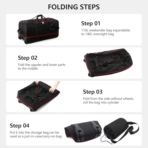 32 Inch Wheeled Foldable Duffle Bag (Black-red / Upgraded Oxford)