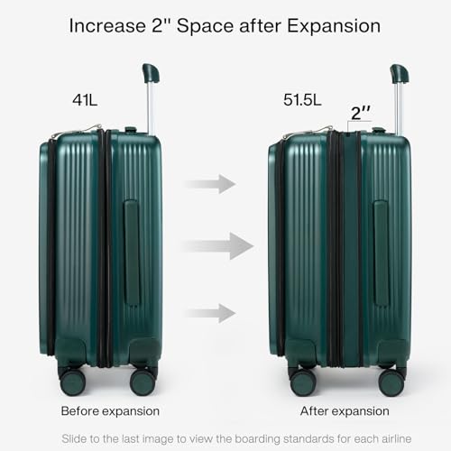 Grace Expandable Carry On Luggage with Wheels Airline Approved Hard Shell Suitcases with Front Pocket (20 Inch-3 / Blackish Green)